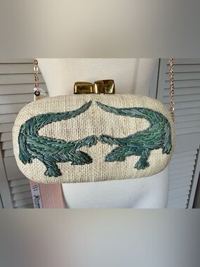 Pamela Munson Le Croc Hand-Crafted Embroidered Straw Clutch With Gold Chain $365